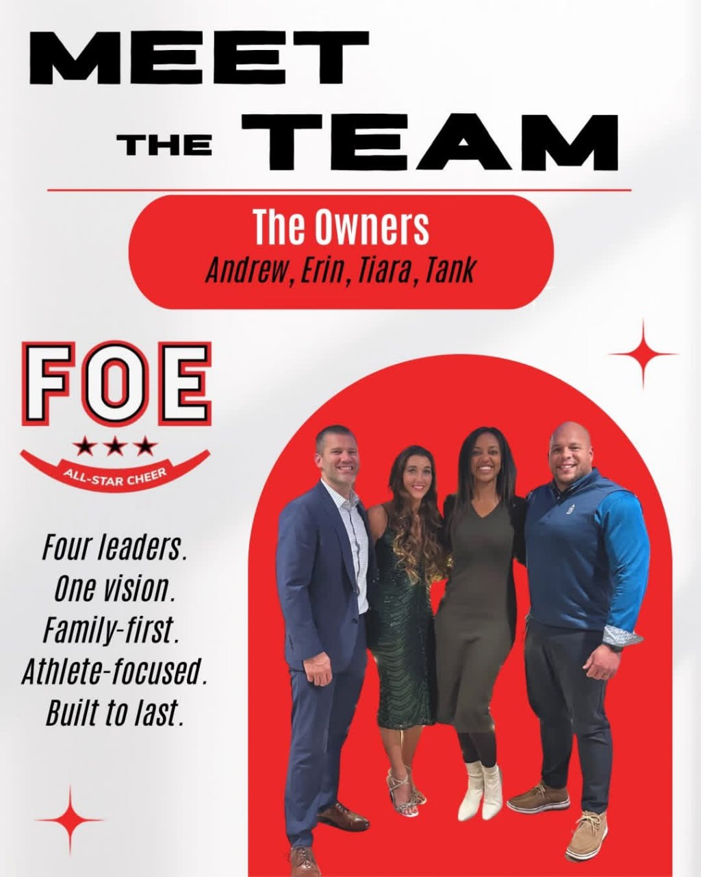 Meet the FOE All Star Cheer team — owners Andrew, Erin, Tiara & Tank
